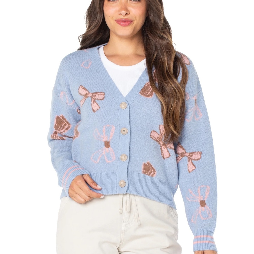 61. NWT Blue, Brown, and Pink Bow Patterned Women's Cardigan